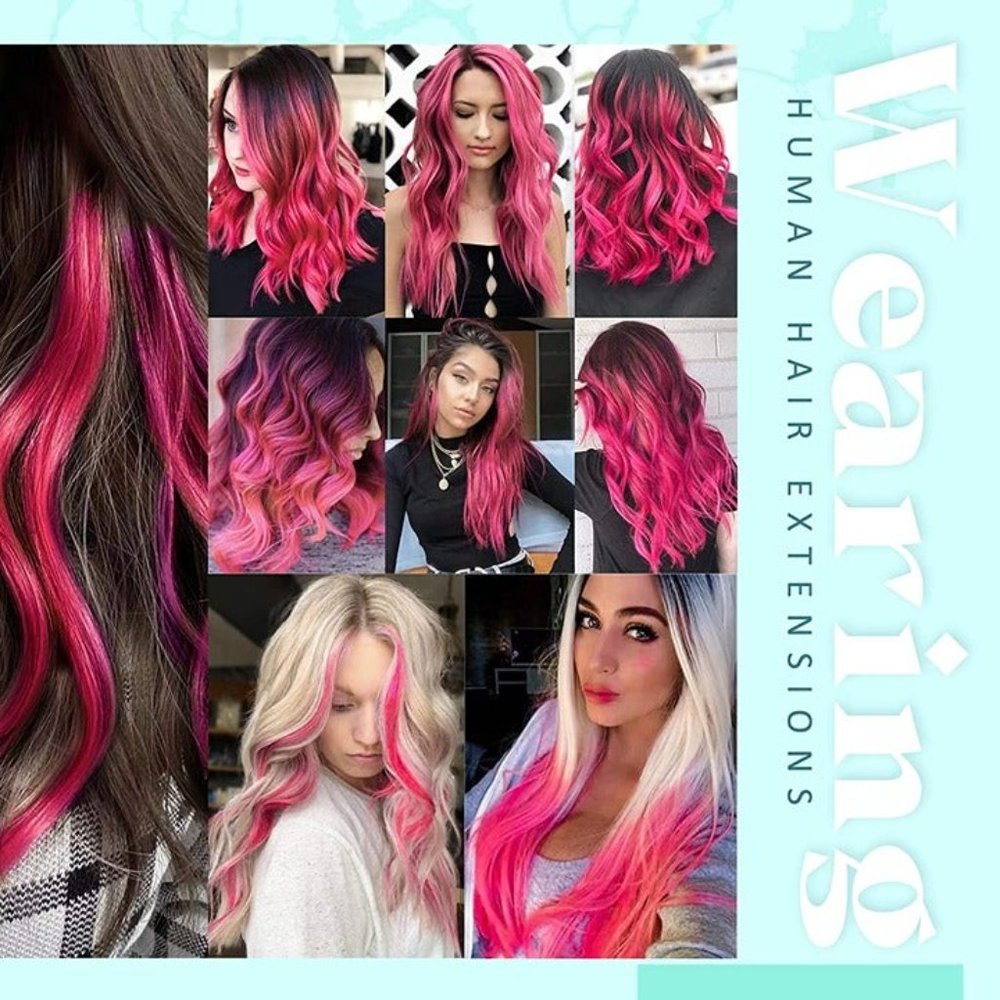 16" 100% Human Hair Clip In Extensions 5pcs 25g HOT PINK - Picture 2 of 9